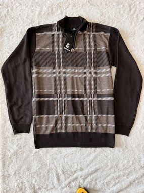 NWT Red Ape Men's XL Brown Plaid Quarter Zip Sweater Mock Neck